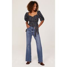 Blue plaid cotton (100% Cotton). Top. Short sleeves. Sweetheart. Tie closure. 19" from shoulder to hemline. Imported. Plaid Cotton Top With Puff Sleeves, Plaid Puff Sleeve Cotton Top, Plaid Puff Sleeve Top For Fall, Embossed Bag, Rent The Runway, Madewell Dresses, Casual Dinner, Cotton Top, Off Duty