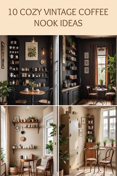 Explore 10 cozy vintage coffee nook ideas with 4 images showcasing lovely setups that include wooden shelves, plants, and charming furniture perfect for coffee lovers.