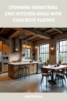 an industrial kitchen with concrete floors is featured in the article, stunning industrial chic kitchen ideas with concrete floors