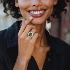 Ross-Simons - C. 2000 Vintage 4.25ct Green Tourmaline, .95ct t. w. Diamond Cocktail Ring Emerald Cut Size 6.5. C. 2000. Presented by our Estate collection, this elegant cocktail ring would make a refreshing addition to any formal outfit. Features a sprightly 4.25 carat emerald-cut green tourmaline centerpiece illuminated by a scintillating .95 ct. t. w. round brilliant-cut diamond frame. Crafted in platinum. 3/4" wide. Diamond and green tourmaline cocktail ring. Exclusive, one-of-a-kind Estate Jewelry. Ring Emerald Cut, Diamond Cocktail Ring, Diamond Frame, Ring Emerald, Diamond Cocktail Rings, Emerald Stone, Formal Outfit, Green Tourmaline, Emerald Ring