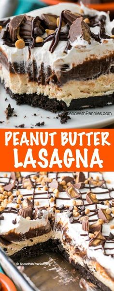 peanut butter lasagna dessert with chocolate and marshmallows in the crust