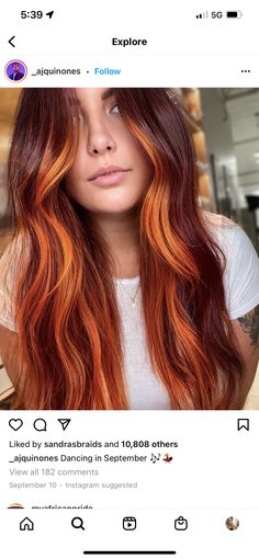 Red Hair Orange Money Piece, Burgundy And Orange Hair, Alternative Red Hair, Red Color Block Hair, Deep Red Orange Hair Color, Orange Peekaboo Hair, Orange And Red Hair, Bright Orange Balayage, Red Orange Ombre Hair