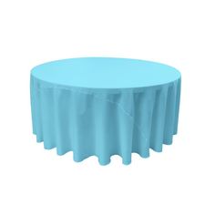 a round table with a light blue cloth on it's top and white background