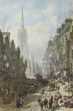 a painting of people walking down a busy city street with tall buildings in the background