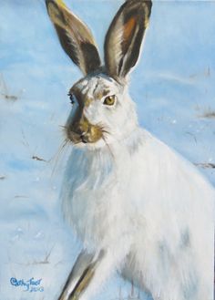 a painting of a white rabbit sitting in the snow with its ears up and eyes wide open