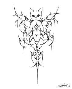 a black and white drawing of a cat sitting on top of a flower with wings