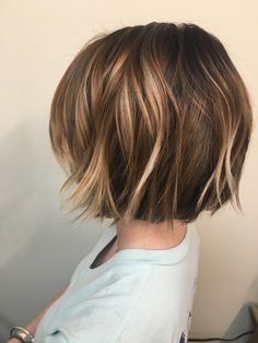 Bottle Neck Bangs Hair Bob, Short Bob Brown Hair With Highlights, Chin Length Brunette Hair With Highlights, Soft A Line Bob, Short Bob For Fine Hair Over 50, Behind The Chair Haircut, Short Bob Balayage, Blonde Hair Transformations, Choppy Bob Hairstyles