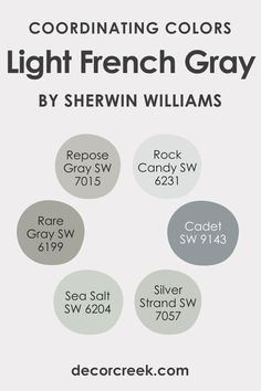 Light French Gray SW 0055  Coordinating Colors by Sherwin Williams Sw 0055 Light French Gray, Sw Light French Gray, Sherwin Williams Gray, Dining Room Paint Colors, French Gray, Dining Room Paint, Silver Strand, Kitchen Paint Colors