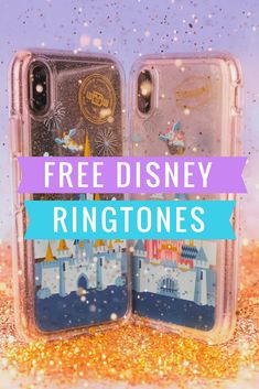 an iphone case with the words free disney ringtones on it in front of a glitter background