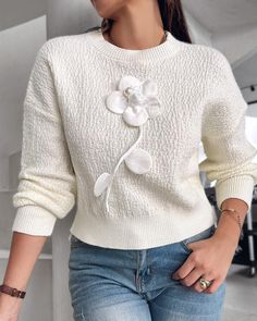 Size: S,M,L,XL;Style:Casual,ChicType:SweaterMaterial:100%AcrylicNeckline:Round NeckSleeve Style:Long SleeveLength:RegularPattern Type:FloralDecoration:Pearls,RhinestoneFit Type:RegularOccasion:DailyPackage Include:1* SweaterFabric Elasticity:High StretchSheer:NoCare Instructions:Machine wash, do not dry clean Cream Acrylic Sweater For Spring, White Acrylic Sweater For Winter, White Knitted Acrylic Sweater, White Long Sleeve Acrylic Top, Textured Knit Acrylic Crew Neck Top, Acrylic Textured Knit Crew Neck Top, White Acrylic Top For Winter, White Cotton Sweater For Spring, White Soft Knit Sweater For Spring