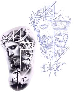 a drawing of jesus and a lion with crosses on it's forehead, next to an illustration of the face of jesus