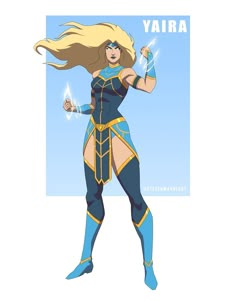 a woman dressed in blue and yellow with her hair flying through the air, holding two swords