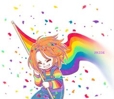 a drawing of a girl holding a rainbow flag with confetti all around her