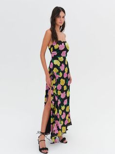 Madison Strapless Maxi Dress — Black | For Love & Lemons Chic Strapless Maxi Dress With Floral Print, Strapless Summer Maxi Dress With Floral Print, Strapless Floral Print Evening Maxi Dress, Black Strapless Dress With Floral Print, For Love And Lemons Maxi Dress, Burnout Fabric, Cascading Ruffles, Black Strapless Dress, Maxi Dress Black