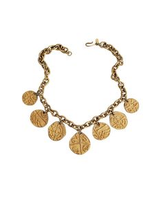 Vintage MONET Matte Gold Tone HIEROGLYPHICS Faux COIN Choker Statement Necklace  Condition:  Pre-owned, very good to excellent! Measurements:  17 inches long, tallest coin is 1.5 inches and smallest is 0.75 inches  Gorgeous vintage designer couture faux coin with Egyptian hieroglyphics statement necklace by Monet.  Matte gold tone finish and both sides of the coins are stamped with same design.  Easy on and off hook closure.  Signed on the hang tag, hard to find piece and perfect to add to your Gold Coin Choker, Necklace Styles, Coin Choker, Egyptian Hieroglyphics, Statement Choker Necklace, Vintage Monet, Evening Handbag, Gold Coin, Coin Necklace