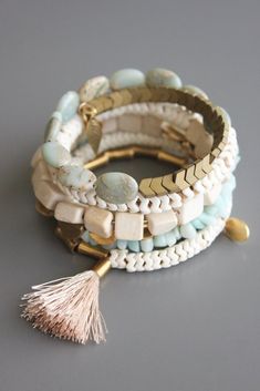 wrap bracelet with magnesite, brass, amazonite, and silk tassel. Memory Wire Jewelry, Beaded Beads, Designer Handmade Jewellery, Beaded Jewlery, Diy Bracelet Designs, Creative Jewelry, Beaded Jewelry Diy, Gemstone Bracelets, Boho Bracelets