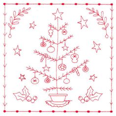 a red and white drawing of a christmas tree with ornaments on it's branches