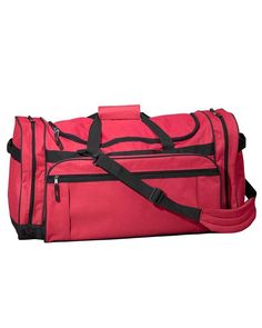 a red duffel bag sitting on top of a white floor