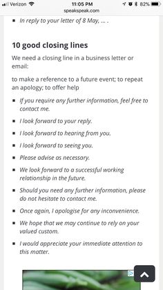 an email message with the words 10 good closing lines
