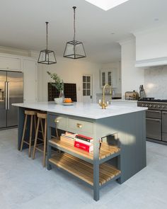 a kitchen with an island and two stools