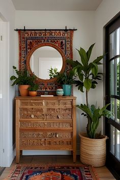 Earthy Entryway Decor, Southwestern Entryway Ideas, Retro Entryway Ideas, Entryway Dresser Ideas Front Entry, Mexican Entryway Ideas, Entryway Ideas Boho, Boho Shiplap, Entryway In Living Room, Southwest Entryway