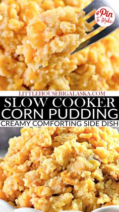 a close up of a plate of food with a fork in it and the words slow cooker corn pudding