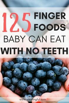 two hands holding blueberries with text overlay that reads, 25 finger foods baby can eat without teeth