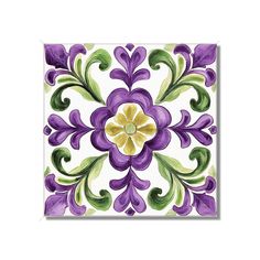 a purple and green floral design on a white background with yellow center in the middle