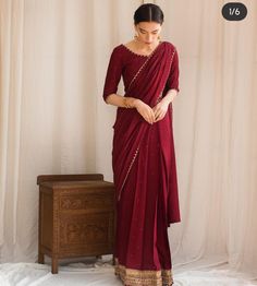 Wine Red Saree For Farewell Party, Wine Red Saree, Wine Colour Saree, Red Saari Aesthetic, Indian Red Saree Aesthetic, Beautiful Casual Dresses, Bridal Lehenga Collection