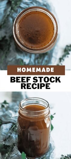 homemade beef stock recipe in a mason jar with fresh herbs on the side and text overlay