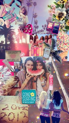 the collage shows two girls eating watermelon and other things in front of them