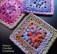 three square crocheted grannys on a table with the words nana's crochet creations