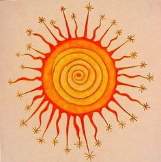 an orange and yellow sun drawing on white paper