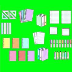 an assortment of notebooks and pencils on a green background with clippings