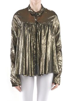 Gold Foil Pleat Back Blouse | Rundholz Luxury Gold Tops For Evening, Luxury Gold Top For Evening, Designer Gold Top For Formal Occasions, Designer Gold Tops For Formal Occasions, Luxury Gold Tops For Workwear, Luxury Gold Top For Workwear, Luxury Gold Tops For Work, Designer Party Tops For Fall, Designer Fall Party Tops