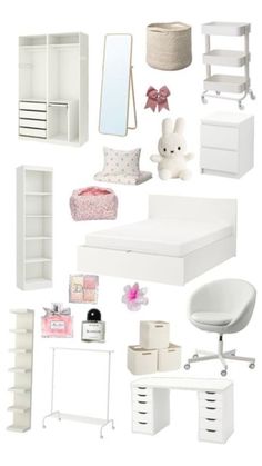 a collage of white furniture and accessories including a bed, dresser, mirror, chair, table, lamp, bookshelf and other items