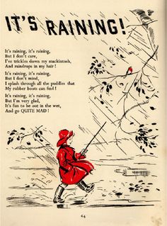 an old children's book with the title it's raining written in red