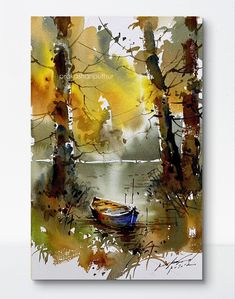 a watercolor painting of a boat on the river with yellow trees in the background