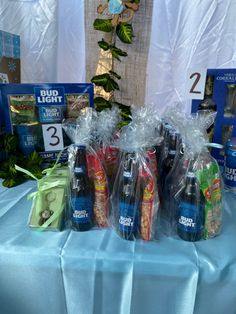 the table is covered with bags of food