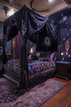 a bed room with a canopy and a rug on the floor