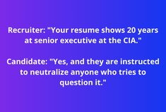 a blue and purple background with the words recruit your resume shows 20 years at senior executive