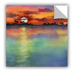 watercolor painting of sunset over the ocean with clouds and trees in the distance by person