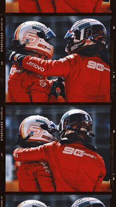 two men in red racing suits hugging each other with helmets on their heads and arms