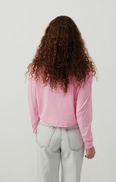 Long-sleeved round-neck t-shirt Casual Long Sleeve T-shirt With Ribbed Neckline, Pink Relaxed Fit T-shirt For Fall, Spring Cotton Crew Neck Long Sleeve Top, Trendy Crew Neck Loungewear Top, Trendy Crew Neck Top For Loungewear, Basic Pink T-shirt For Fall, Casual Pink Crew Neck Long Sleeve Top, Pink T-shirt For Fall Loungewear, Pink Casual Long Sleeve Crew Neck Top