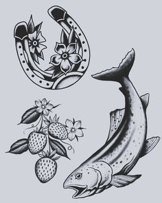 some fish and flowers on a gray background