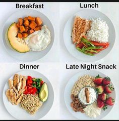 four plates with different types of food on them, including eggs, rice and vegetables