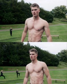 two pictures of a man without a shirt in a field with other men playing frisbee