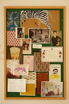 a bulletin board with many different pictures on it and a zebra in the middle one