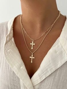 17" Cross pendant measures 1.25 inches Large Cross Necklace, Chains Aesthetic, Necklace Tattoo, Trend Jewelry, Tattoo Women, Stacked Necklaces, Jewelry Accessories Ideas, Gold Cross Necklace, Jewelry Fashion Trends