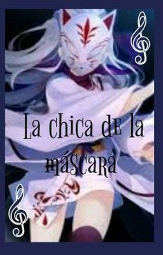 a woman with long white hair and blue eyes is sitting in front of the words la chica de la mascara